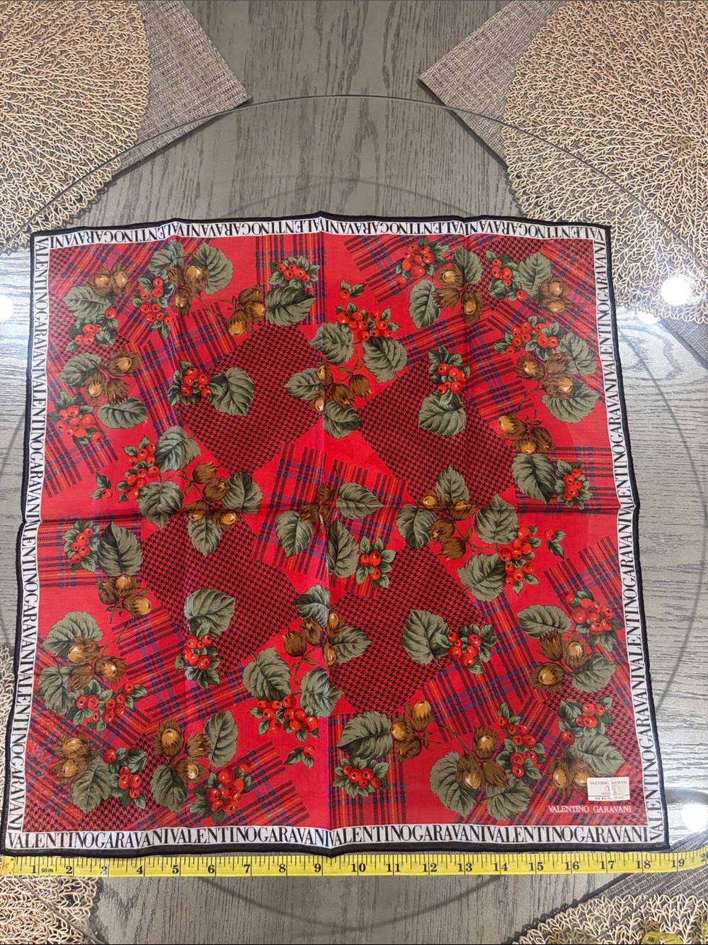 Valentino Garavani Navy Floral & Red Plaid Floral cotton Scarves/handkerchief - Picture 6 of 7
